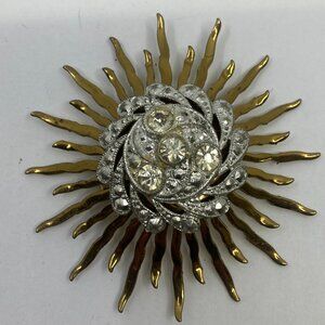 Vtg 1940 CORO ? brass rhinestone sunburst brooch